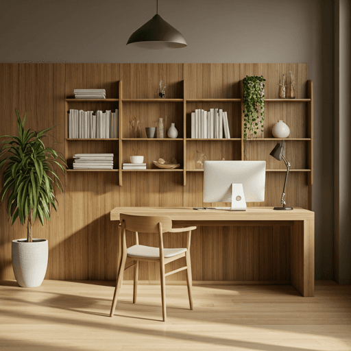 Modern minimalist office space with warm wooden textures and soft morning light hitting a curated bookshelf and desk