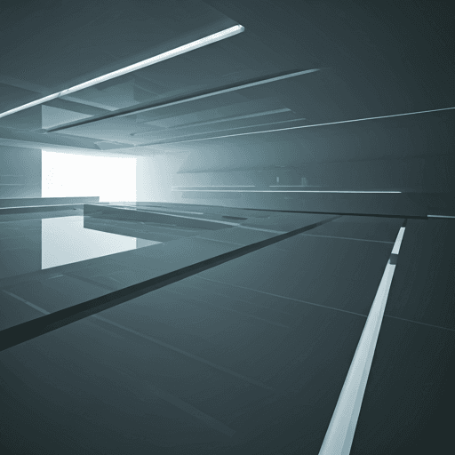 Abstract architectural interior with clean lines and sophisticated lighting reflecting off glass surfaces